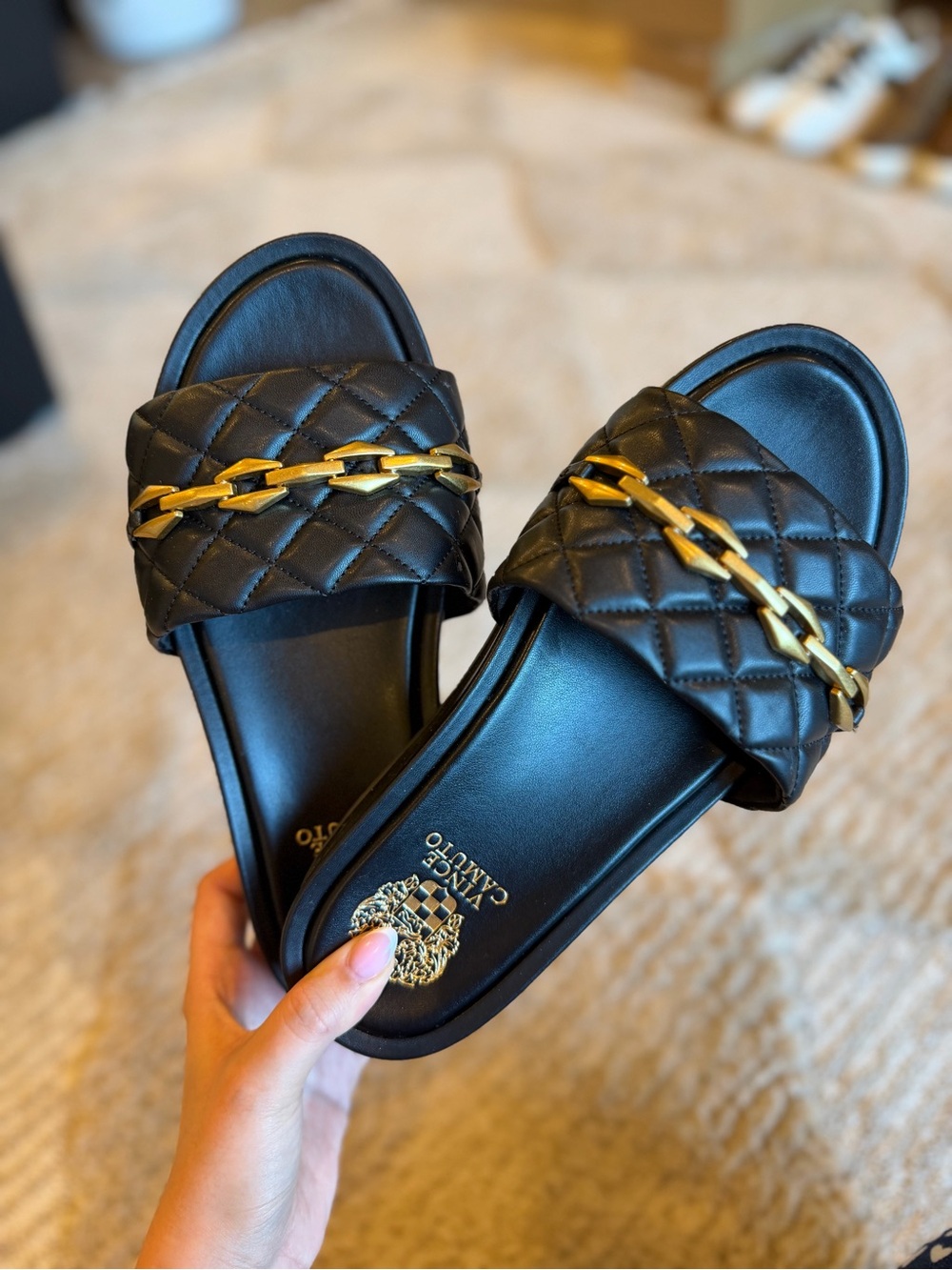Vince Camuto WIDE FOOT SIZED Black Quilted Slide Sandals with Gold Chain Accent‎